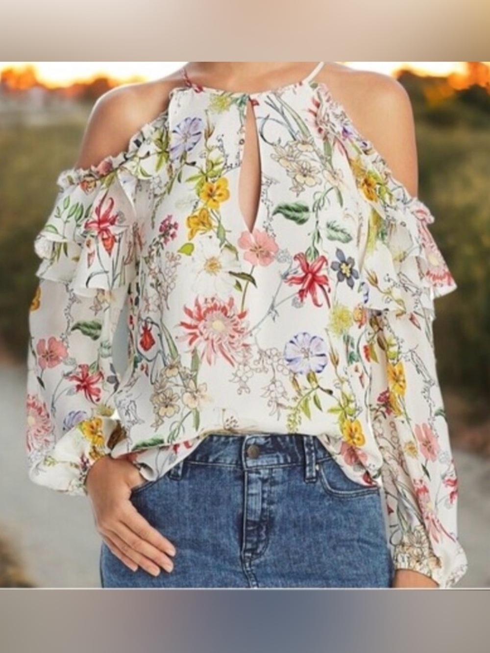 Parker Abby Floral Cold Shoulder Silk Blouse Size M NWOT